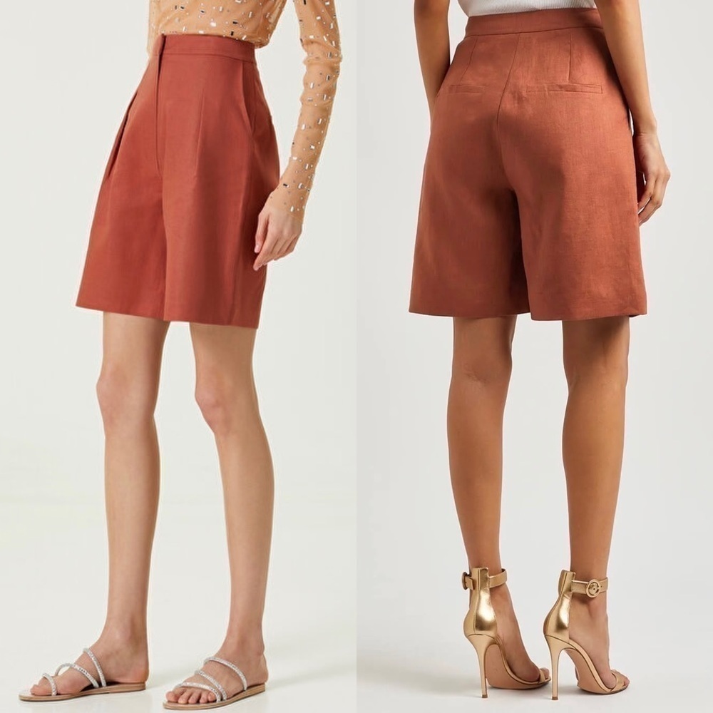 NWT ITMFL Linen Terracotta High Rise Press-Crease Pleated Wide Leg 8” Shorts S - Picture 8 of 14